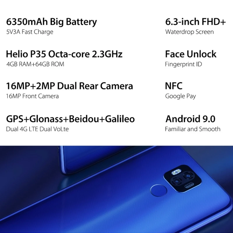 Смартфон Ulefone power 6 Android 9,0 MTK6765V, 6,3 дюймов, 4 Гб+ 64 ГБ, 6350 мАч, 4,4 в, батарея, две sim-карты, 4G, 16 МП, FHD+ мобильный телефон