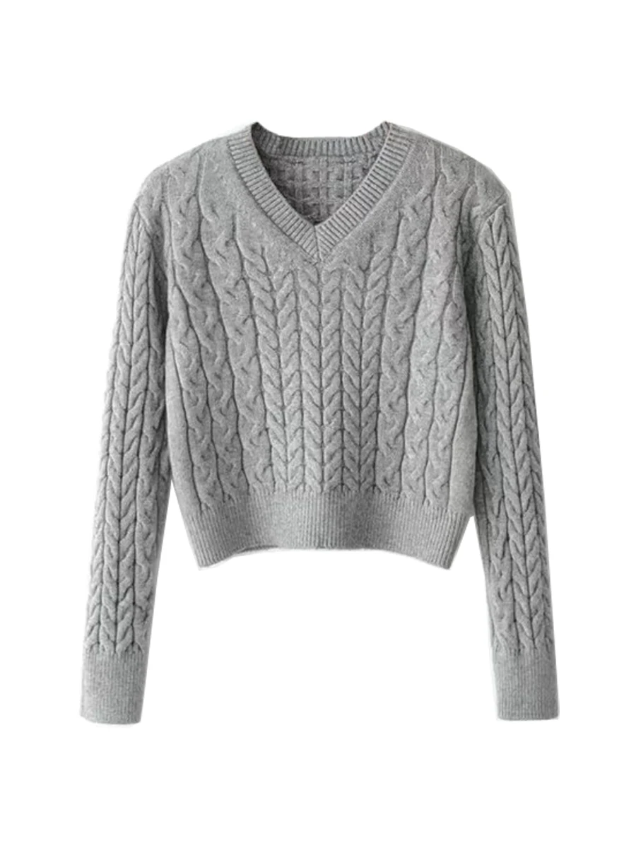 

2018 Spring and Autumn New Europe and America Pure Color V-Neck Twist Sweater Women, Short Slim Thin Head Warmer Sweater MS.