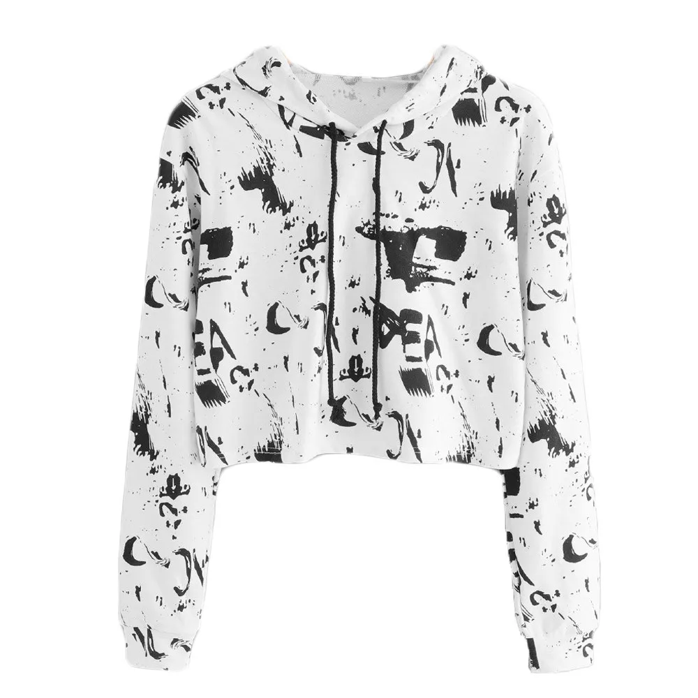 

Women's short bi-sleeve printed round neck hooded sweatshirt girl blouse Korean Style Sweatshirt #xqx