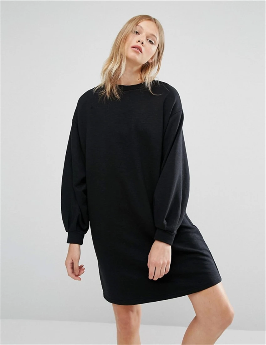 Europe US Fashion New Autumn Thick Fleece Black Dresses for Women Loose