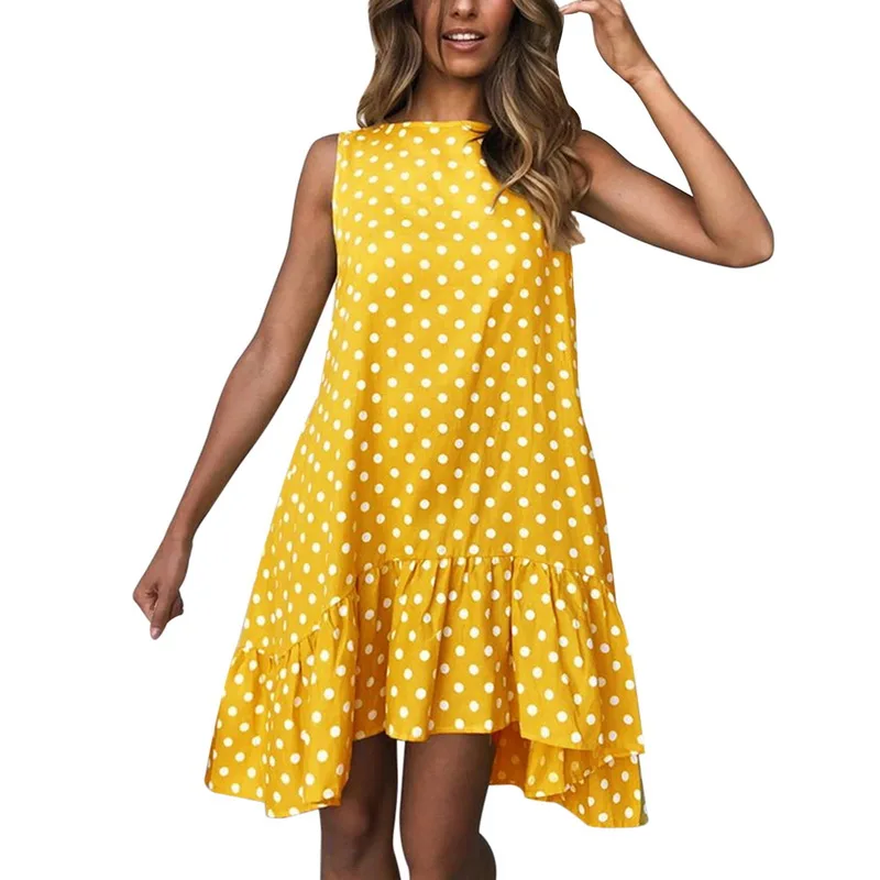 

CALOFE 2019 Summer Women Polka Dot Dress Sleeveless O-neck Dress Ruffle Hem Casual Loose A-line Mini Dress Vestisdos