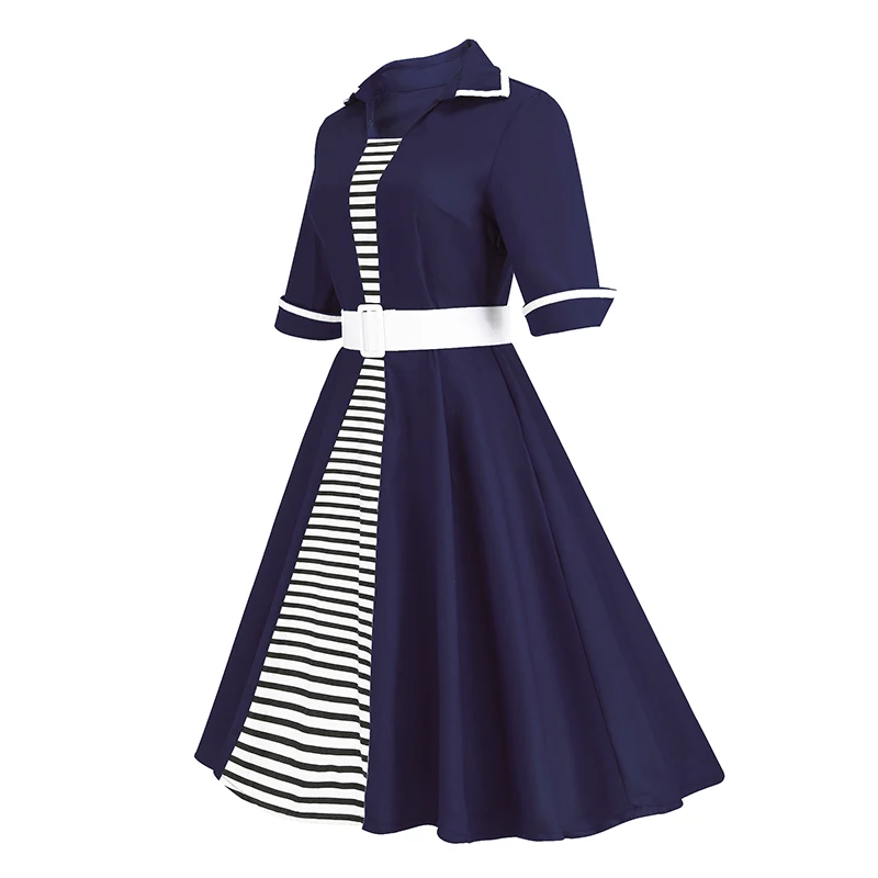 Kostlich Striped Women Autumn Dress 2017 Half Sleeve Audrey Hepburn 1950s Vintage Dress Belt Tunic Swing Party Dresses Plus Size (19)