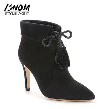 

ISNOM Stiletto Heels Women Boots Autumn Tassel Kid Suede Bootie Sexy Pointed Toe Lady Shoes Cross Tied Thin High Heels Footwear