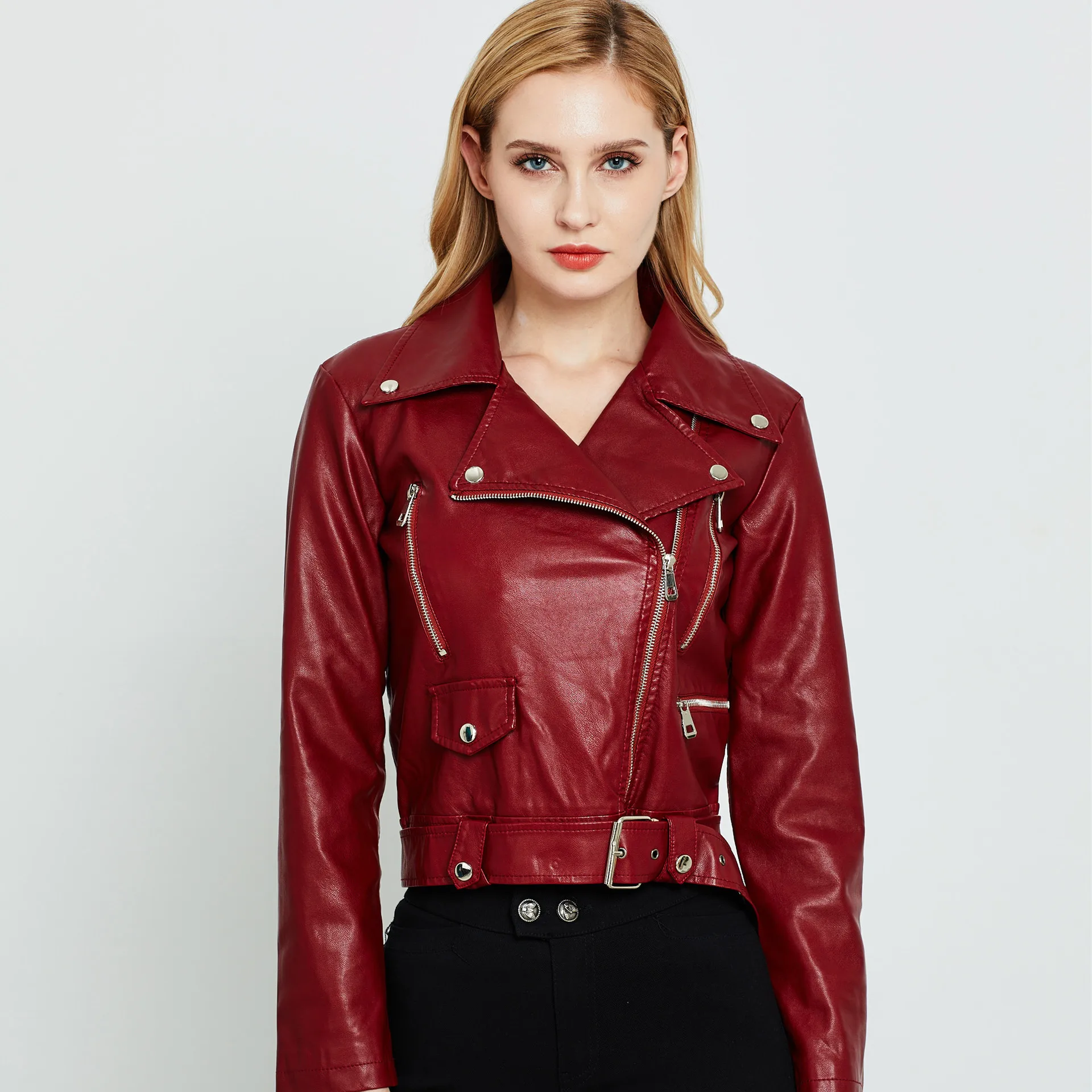 YYFS новые модные женские осенние зимние черные Куртки из искусственной кожи базовое пальто на молнии байкерская куртка с отложным воротником - Цвет: Красный