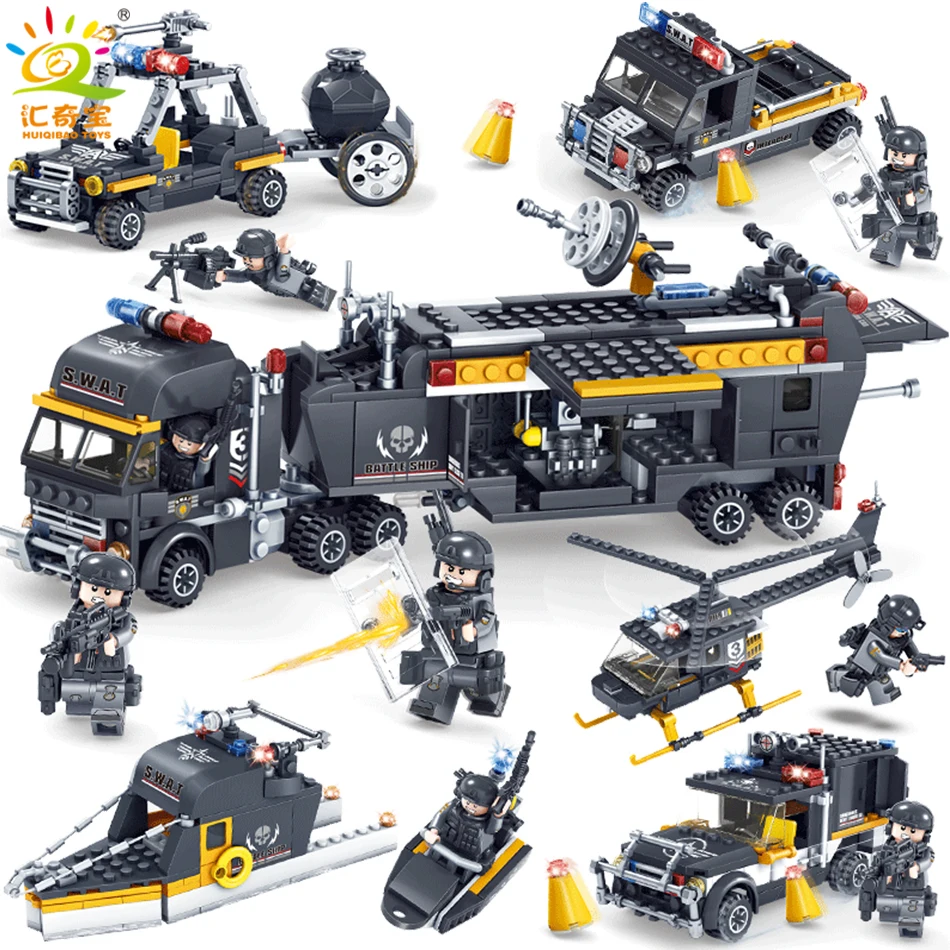 Military Swat Team Police Trucks Cars Helicopter Model Building Blocks Compatible Legoe City Classic Bricks Toys