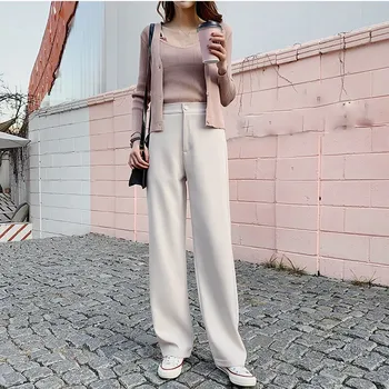 

2019 Fashion Women Pockets Casual Pants High Solid Zipper Elegant Pants Ol Style Button Loose Straight Pants