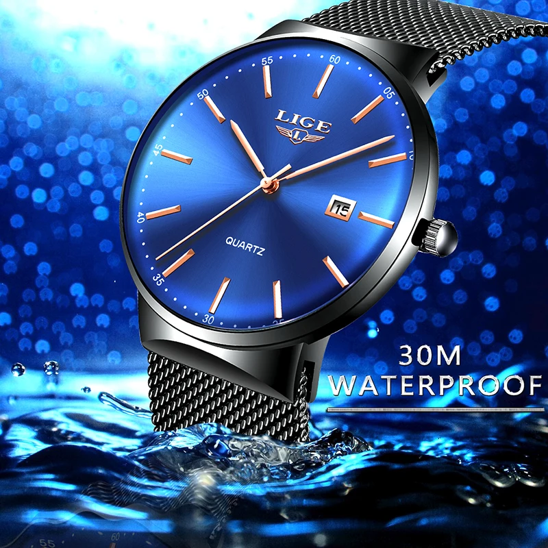 

LIGE Mens Watches Top Brand Luxury Fashion Sports Quartz Watch Men Stainless Steel Mesh Strap Ultra Thin Dial Date Blue Clock