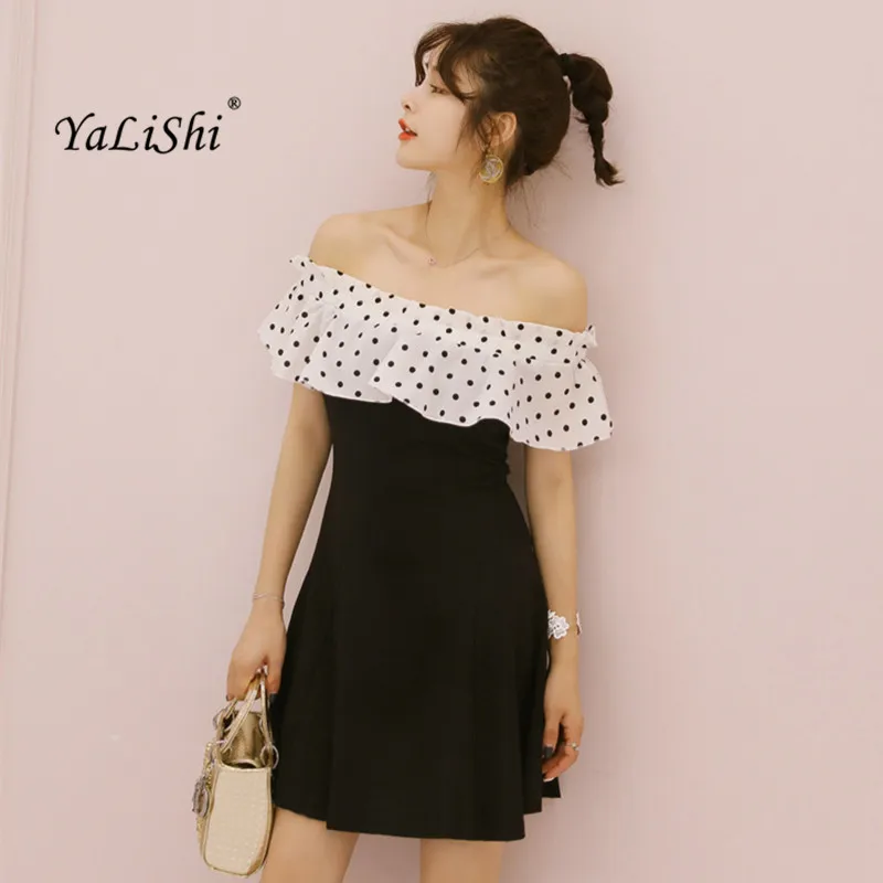 

Women Vintage Patchwork A-line Dress Summer Black Dot Sleeveless Slash Neck Dress Ruffles Casual Party Mini Club Dresses Vestido