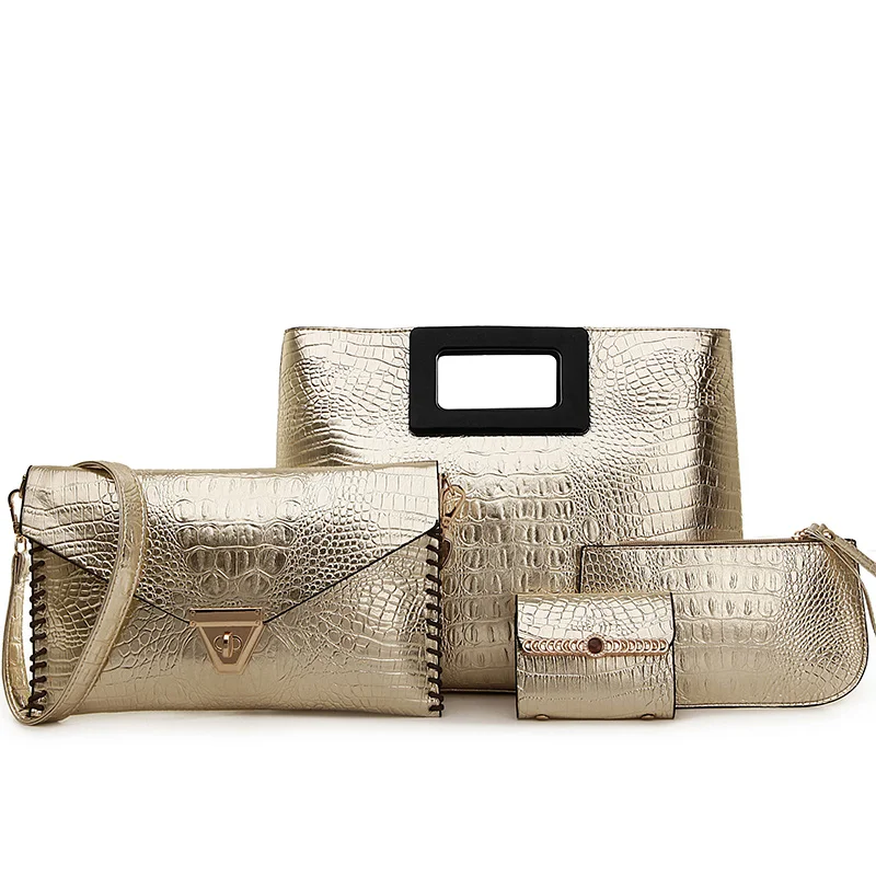 ==> [Free Shipping] Buy Best 4 pcs in 1 Handbag Luxury Crocodile Golden Silver Die Cut Handle Handbag With Cross Body Bag and Coin Purse Online with LOWEST Price
