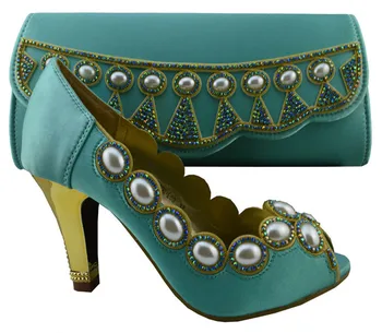 

Pretty high heel shoes match bags series with big pearl decorated African shoes and handbag sets for party 1308-L59 water green