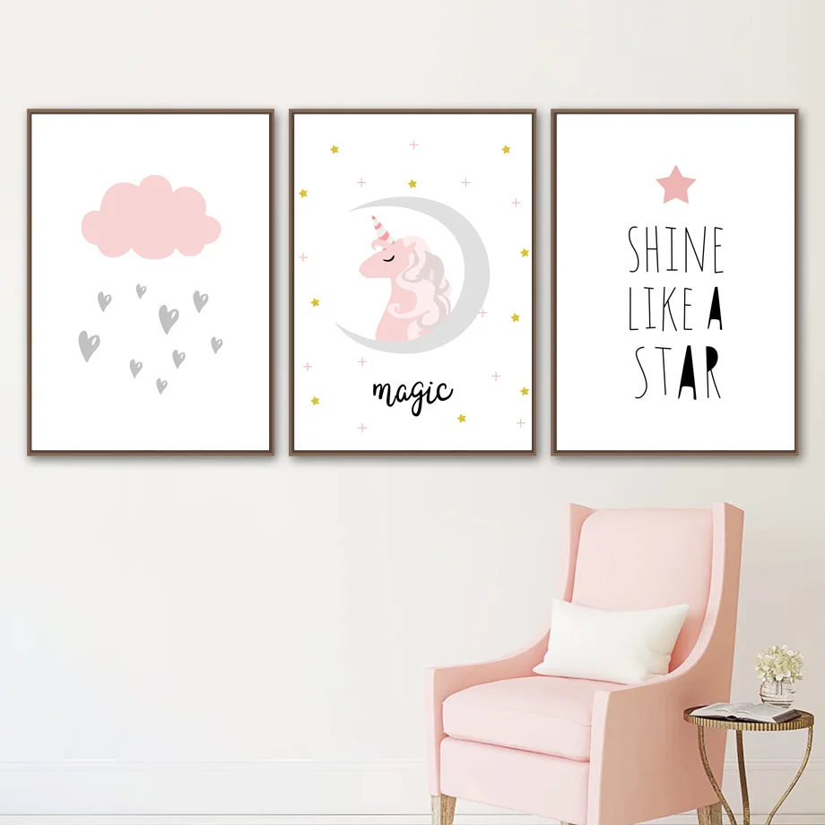 Cartoon Unicorn Cloud Moon Star Quotes Wall Art Canvas Painting Nordic Posters And Prints Wall