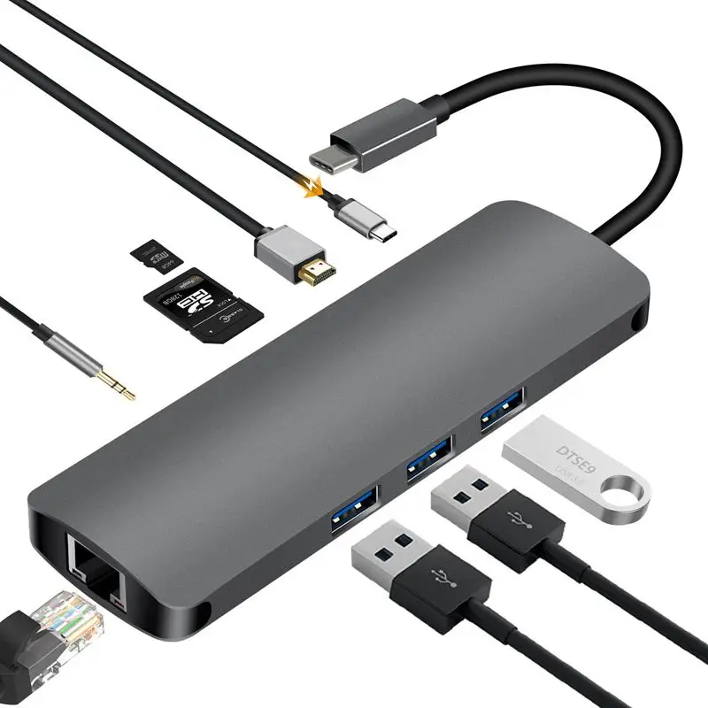  Type C Hub 9In1 Usb-C 3.1 To 4K Hdmi Pd Vga Usb3.0 Sd Tf Rj45 3.5Mm Audio Jack