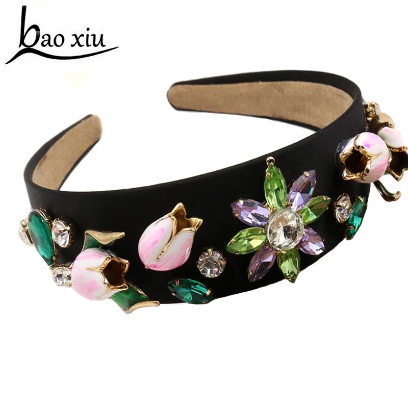 

2019 vintage baroque metal crystal flower velvet wide hair bands royal lace gem rhinestone pearl headband women hair accessories