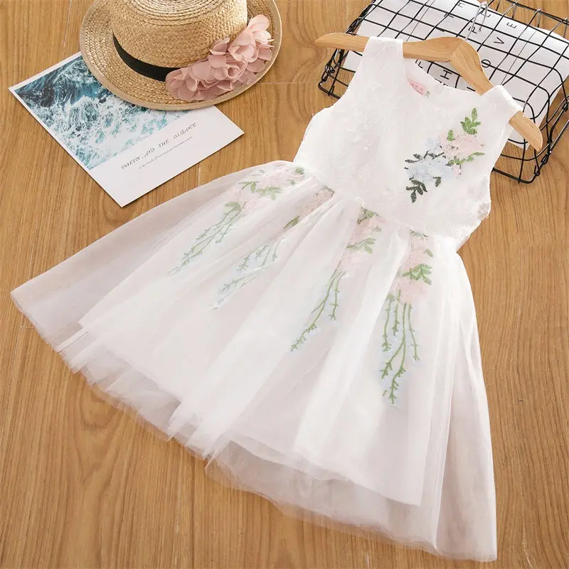 Детское Сетчатое платье-пачка принцессы с цветочной вышивкой для девочек детское Элегантное свадебное платье с вырезами для детей, праздничная одежда Vestidos - Цвет: White 2