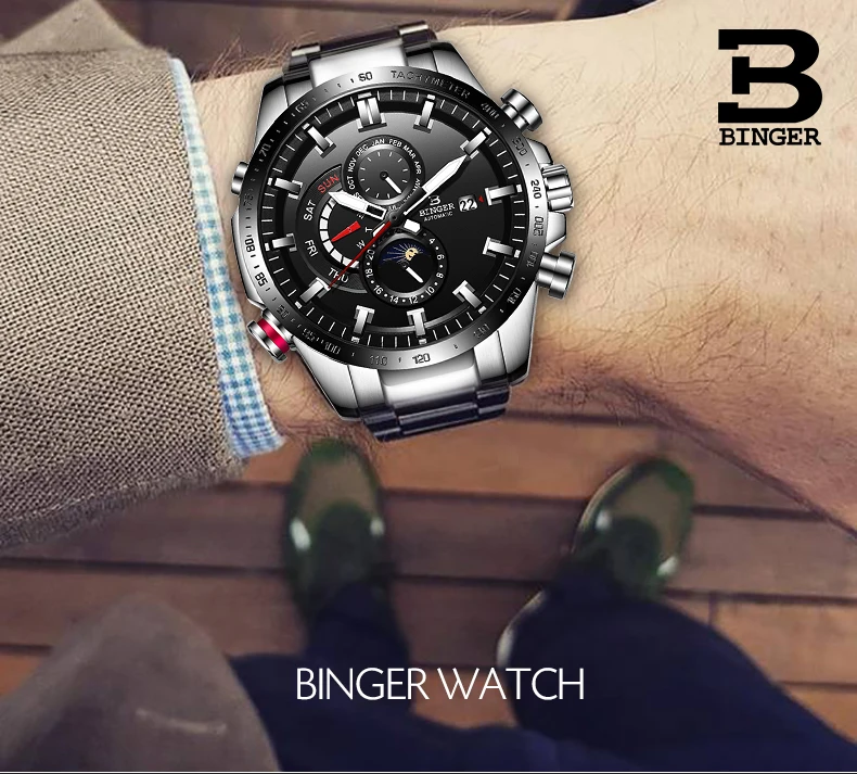 Настоящие роскошные швейцарские Бингер Брендовые мужские автоматические механические сапфировые светящиеся водонепроницаемые полностью стальной ремень мужские модные часы