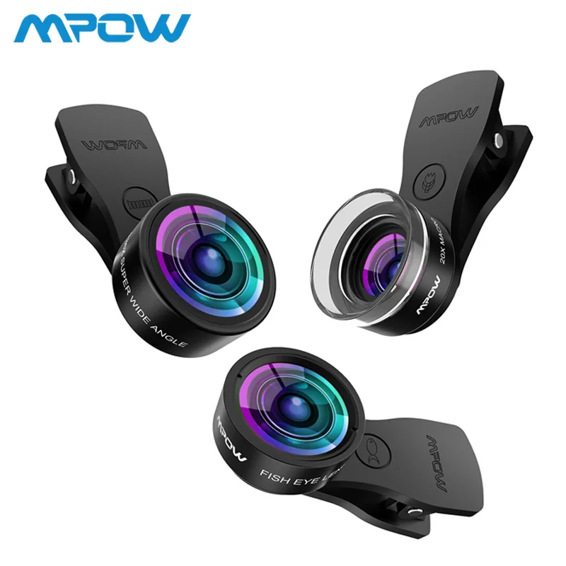 

MFE4 Mpow 3 in 1 Clip-On Mobile Phone Lens Kits 180 Degree Fisheye Lens + 0.36X Wide Angle Lens + 20X Macro Lens 3 Separate Lens