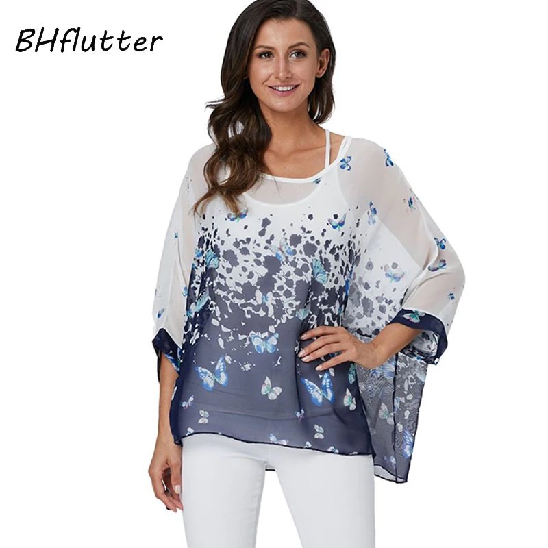 

BHflutter Women Shirts Batwing Casual Loose Summer Blouse Shirt Floral Print Kimono Blouses Ladies ChiffonTops Plus Size 2019