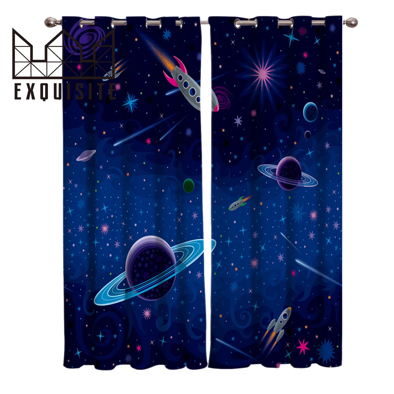 

Exquisite House Customized Curtains Space Rocket Polyester Window Curtains For Living Room Bathroom Kitchen Bedroom Drapes