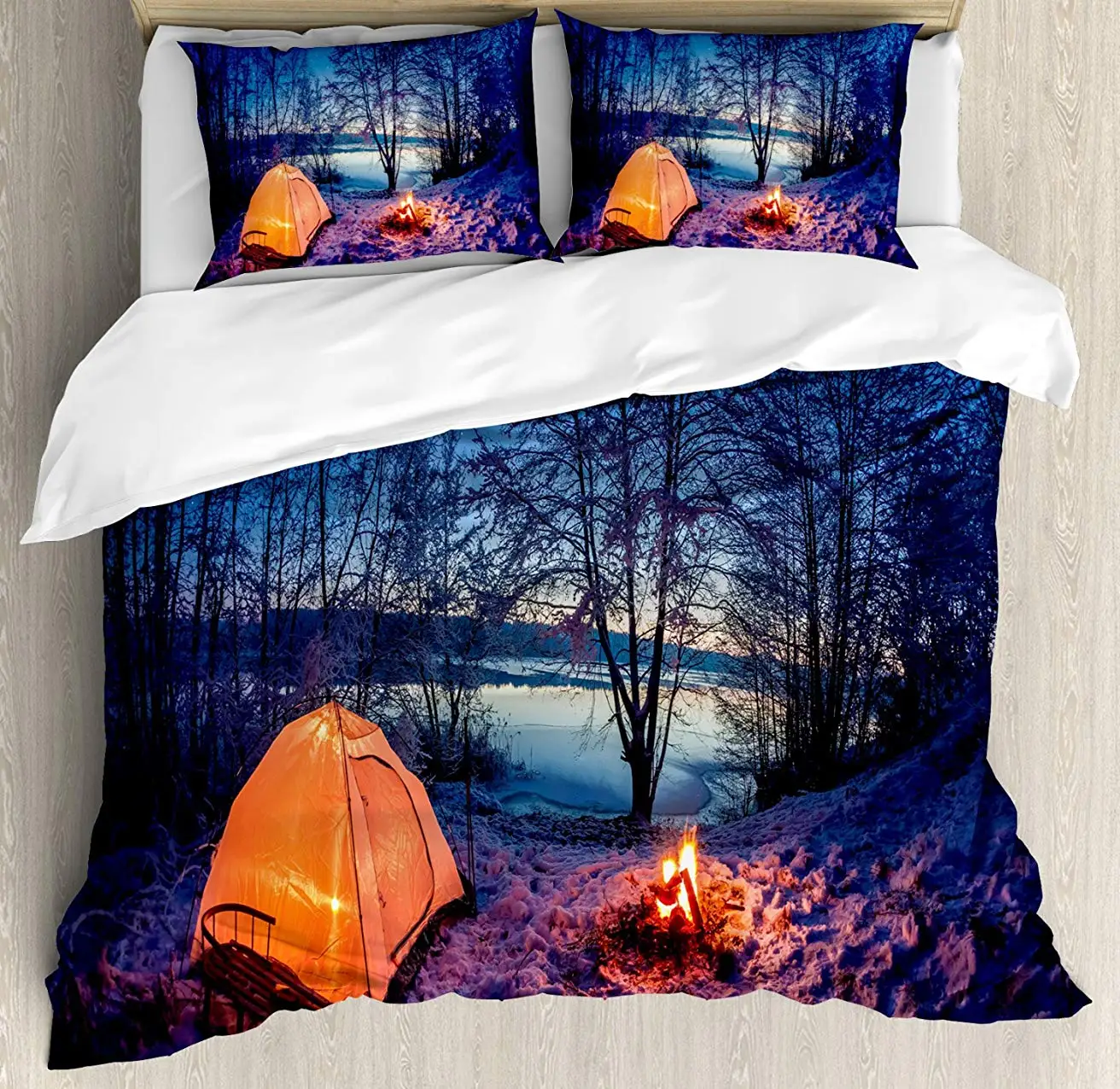 

Forest Duvet Cover Set Dark Night Camping Tent Photo in the Winter on the Snow Covered Lands by the Lake 3 Piece Bedding Set