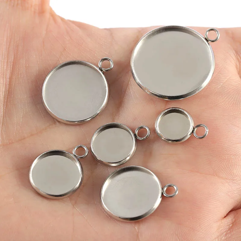 

New Arrive 30pcs/lot 6-30mm High Quality Stainless Steel Pendant DIY Base Cabochon Settings Blank Tray For Cameo Jewerly Making
