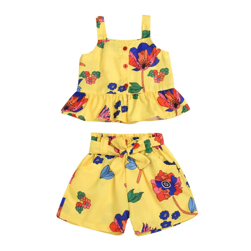 

Toddler Kids Baby Girl Clothes Set Flower Print Sling Tops Shorts Pants Girl Outfit Sunsuit Girls Clothing Set Children Costume