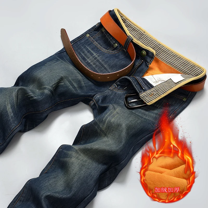 

2017 New Men High-quality Cotton Thick Fleece Keep Warm In Winter Fashion Scratched Leisure Jeans / Mens Casual Jeans Male Pants