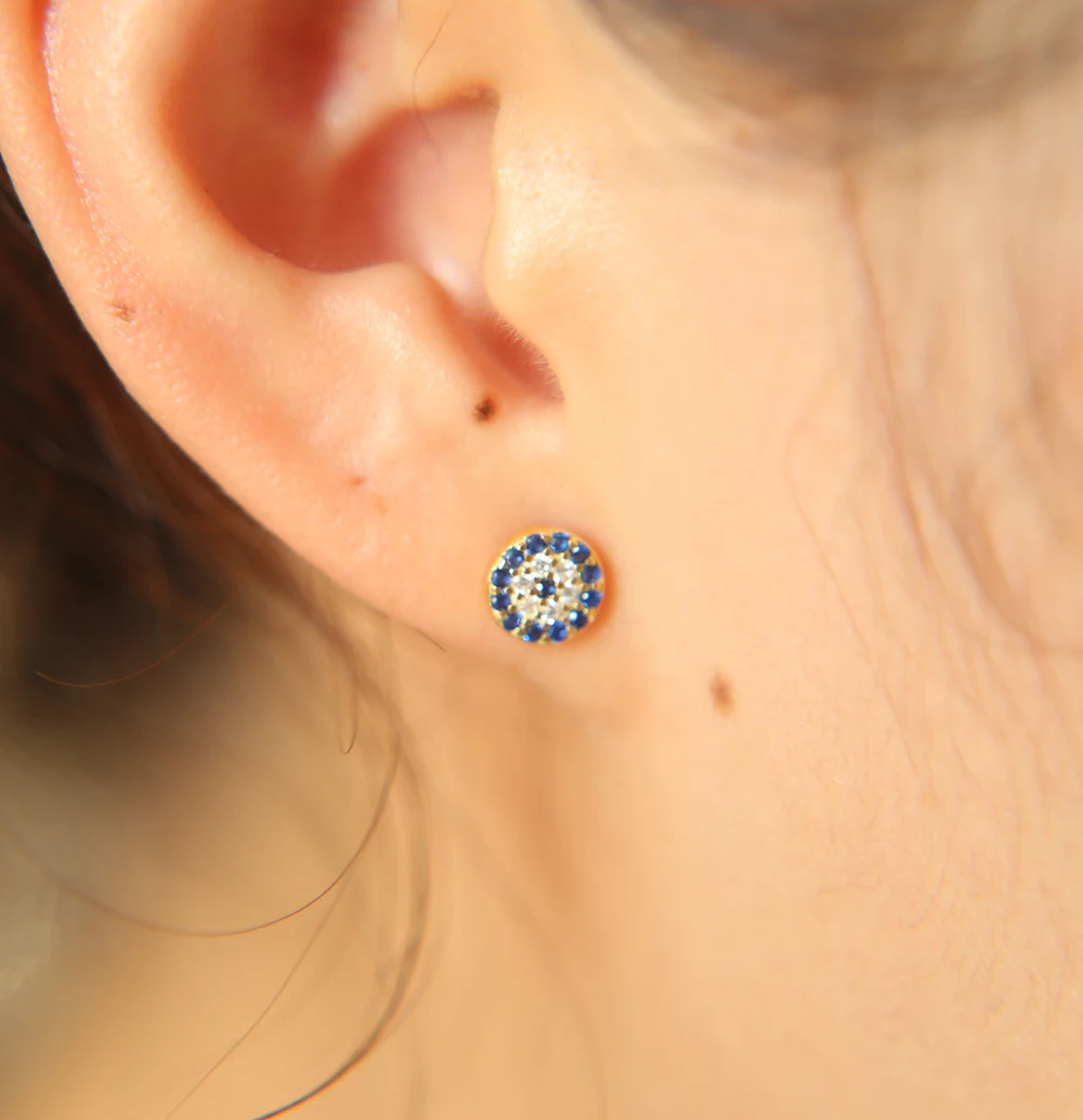 

2019 tiny eye charm stud earring with sapphires cz stone paved round shape 925 sterling silver blue stone eye stud earrings