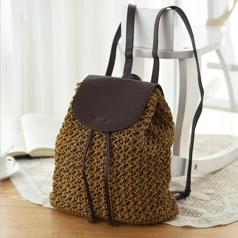Summer Women's Backpack Crochet Paper Rope Woven Straw Bag With Drawstring Fashion Straw Backpack Summer Popular Woven Backpack