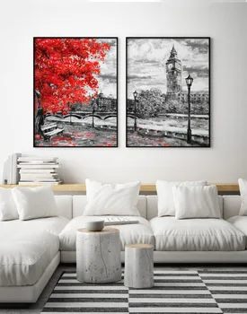 

Modern Abstract Canvas Painting Black and White Red Tree Decoration Poster Picture for Living Room No Framed