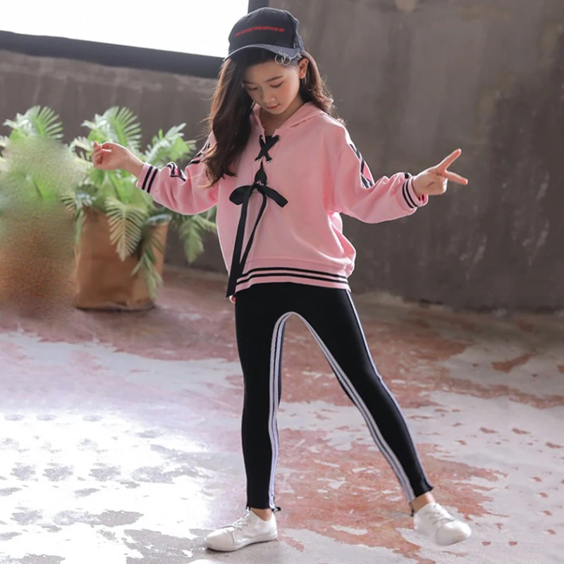 

2019 Autumn New Hooded Sweater Suit Girls Tie Bow Children Korean Version Of The Ribbon Stripe Two-piece (Top+ Pant)