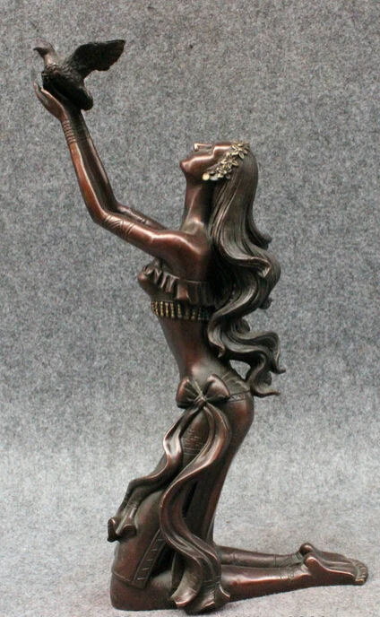 

Fast shipping USPS to USA S1461 14" Chinese Decoration Pure Bronze Art Bird Kneel Belle Beauty Goddess Statue