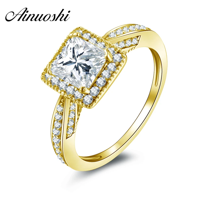 

AINUOSHI 10k Solid Yellow Gold Wedding Ring 1.25 CT Princess Cut CZ Halo Band Ring Engagement for Women Anniversary Presnt