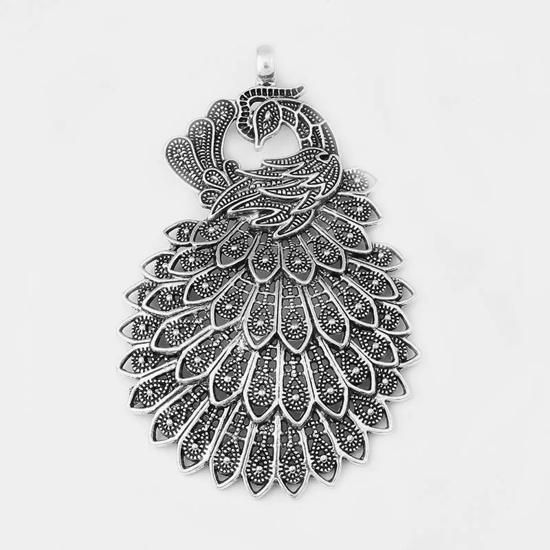 

2pcs Antique Silver Charms Filigree Lacework Peacock Opening Lagenlook Pendant For Necklace Pendant Jewelry Findings 53x85mm