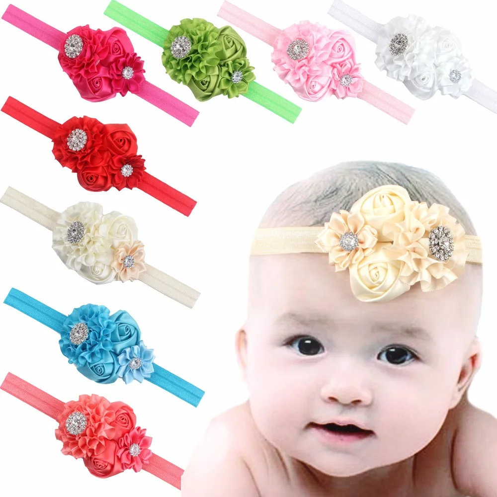 Pack 8color Girls Headband with Rhinestone Satin Ruffled Flower and