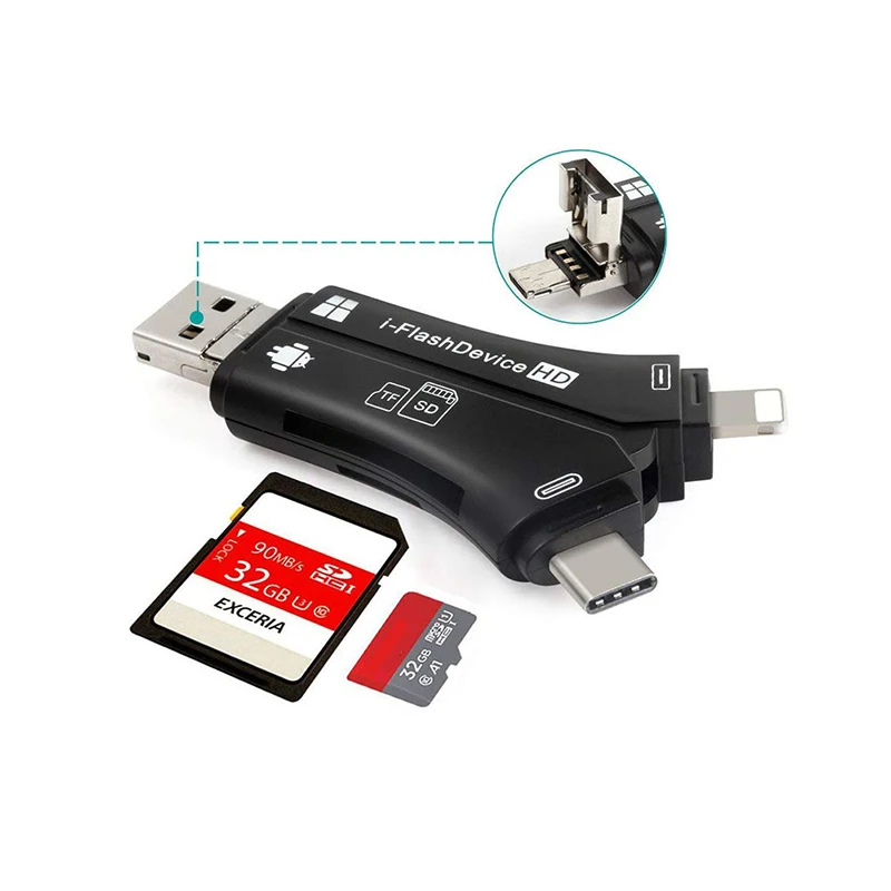 4 в 1 я флэш-накопитель OTG кардридер type C USB Micro SD/TF кардридер адаптер для iPhone 5 6 7 8 iPad Macbook Android камера