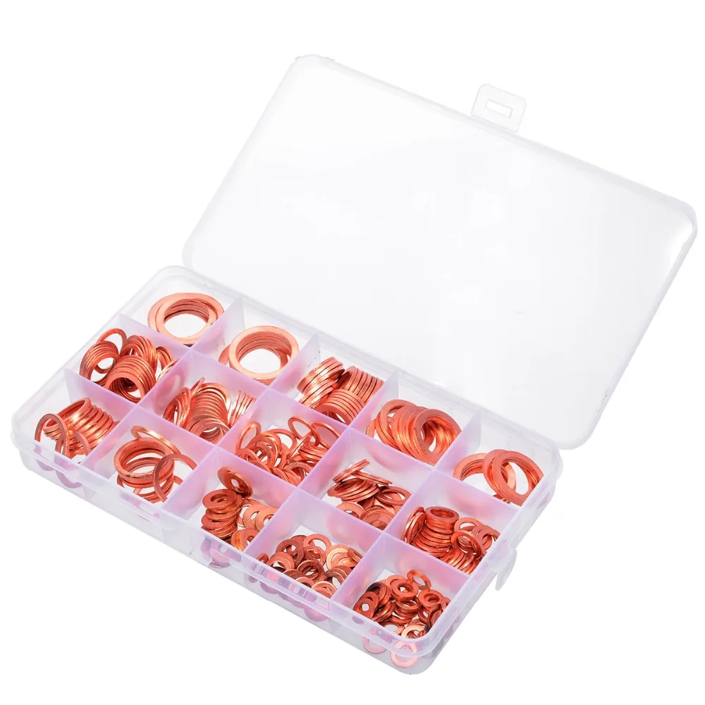 Najtaniej 280 sztuk 12 rozmiary podkładki miedziane różne stałe uszczelka miedziana podkładki uszczelniające zestaw pierścieni M5 6 8 10 12 14 16 20 z obudowa z tworzywa sztucznego