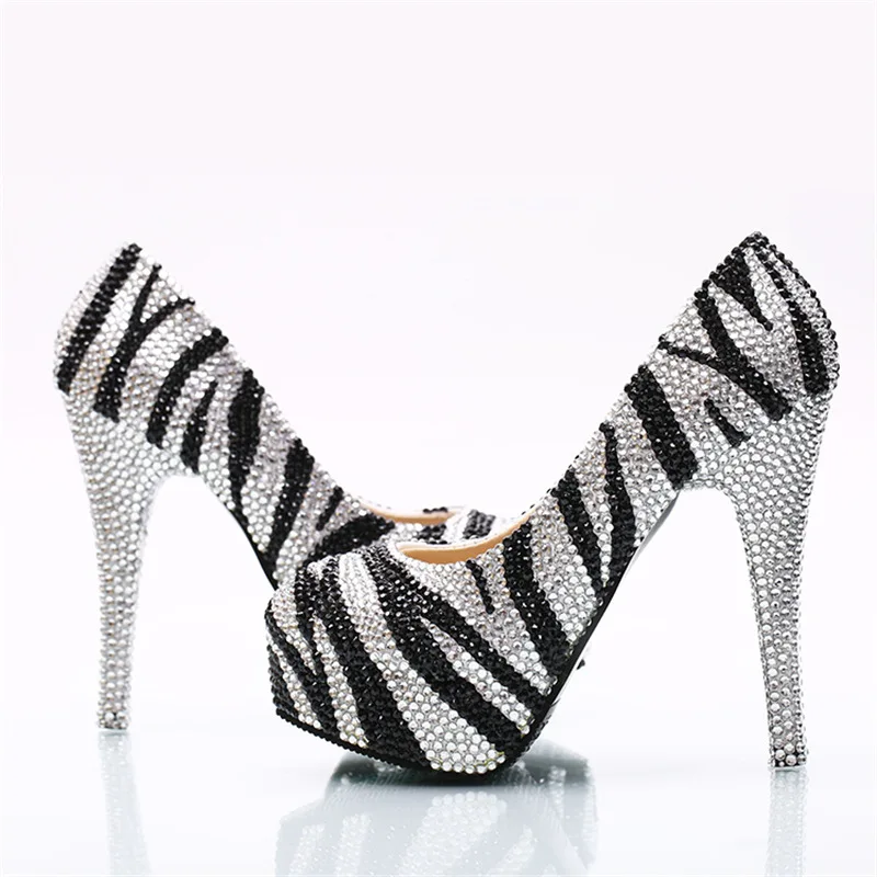 

Black and White Zebra Striped Custom Handmade Sparkle Bling Round Head Big Size Bride Gilrs Wedding Party High Heel Shoes