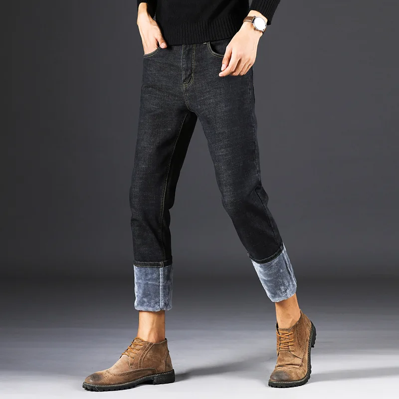 Брендовые мужские зимние толстые теплые флисовые джинсовые джинсы мужские теплые комбинезоны брюки промытая шерсть брюки плюс размер - Цвет: Черный