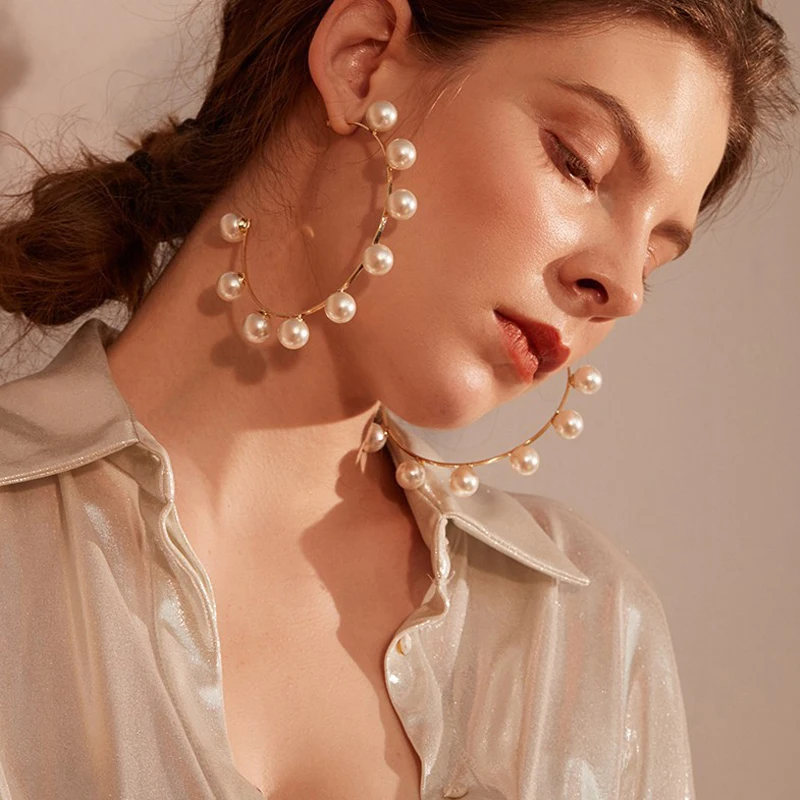 

Fashion Hoop Earring Imitation Pearl Earring Gold Stainless Steel Pin Big Circle Earrings For Women Girls Party Jewelry