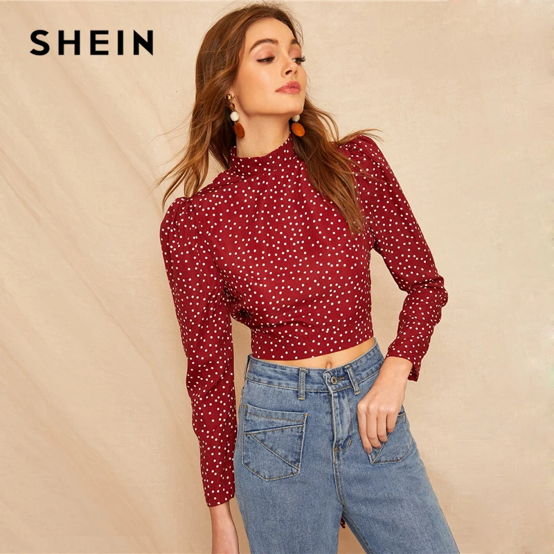 SHEIN Короткая Блуза В Горошек С Открытой Спинкой И Узлом Женский Сексуальный Топ С Длинными Рукавами И Высоким Вырезом