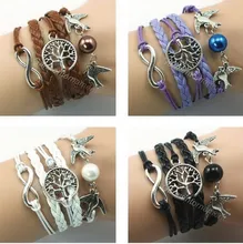  10pcs  new multilayer metal peace bird with pearl / tree of life / infinity leather cord bracelet set free shipping 