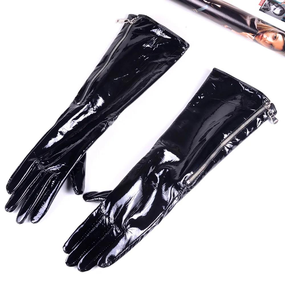 

30 40 50 60 70 80cm Women's Ladies Genuine leather Shiny Black Patent Leather Zipper Gloves Party Evening Opera/long gloves