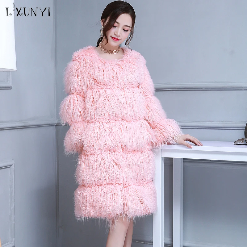 Buy LXUNYI Sweet Mongolian Sheep Fur Coat Women Pink Furry Jacket Woman