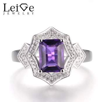 

LeiGe Jewelry Natural Amethyst Rings Promise Rings February Birthstone Rings Emerald Cut Purple Stone Ring 925 Sterling Silver