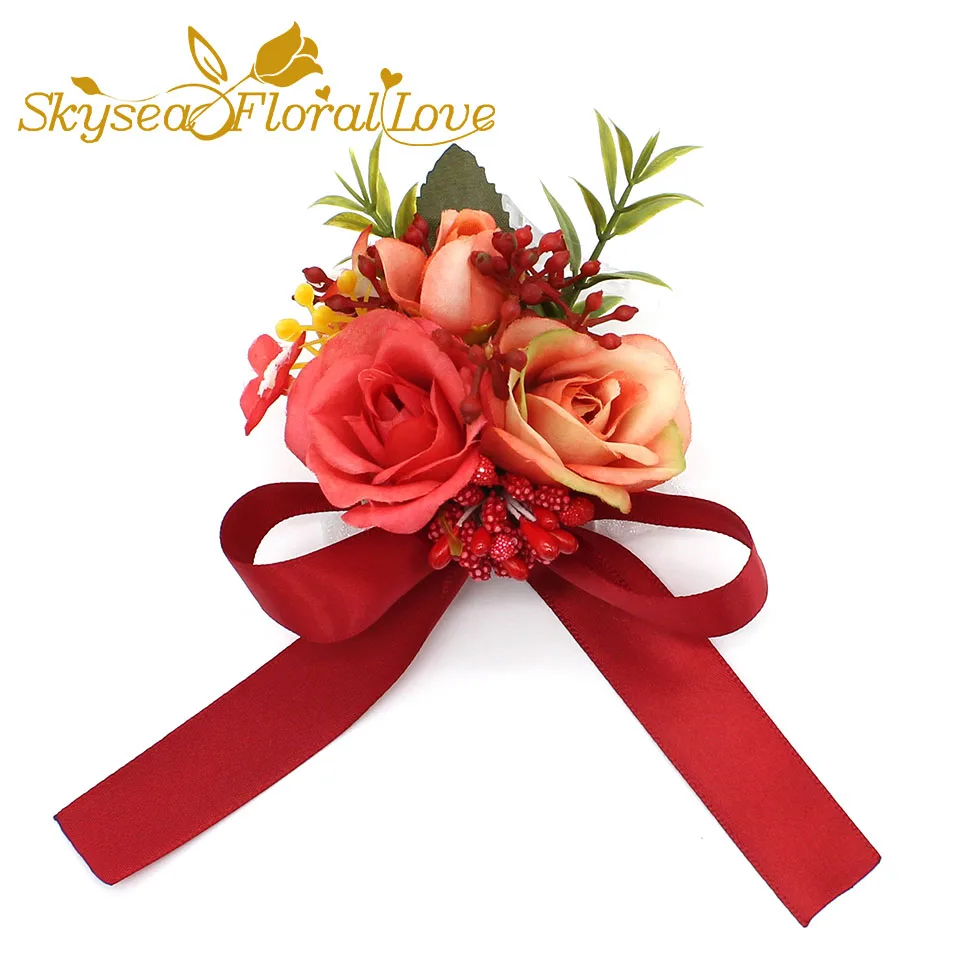 Свадебные корсажи и брошь-бутоньерка новые корсажи на запястье жениха невесты свадебные цветы - Цвет: Red Wrist
