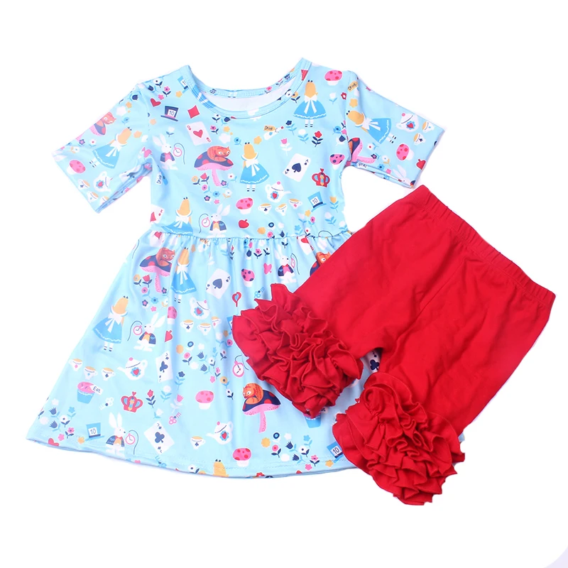

New Design Wholesale Blue Princess Ruffle Short Sleeve Girls Outfits Children Fashion Princess Baby Girl Clothing Set Shorts