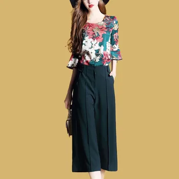 

woman fashion OL work clothes Casual suit printing jacket + pants 2 piece set wide leg pants suit female Office ladies suits