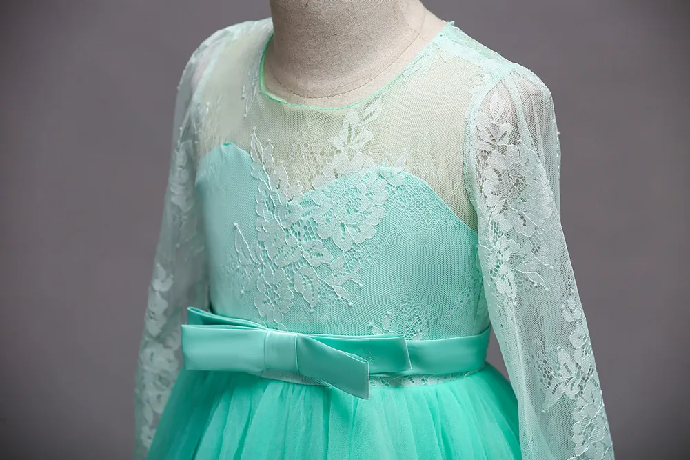 Недорогая детская официальная вечерняя одежда для свадьбы; цвет мятный, зеленый, шампань, бежевый, красный, темно-синий; Платья с цветочным узором для девочек с кружевными рукавами