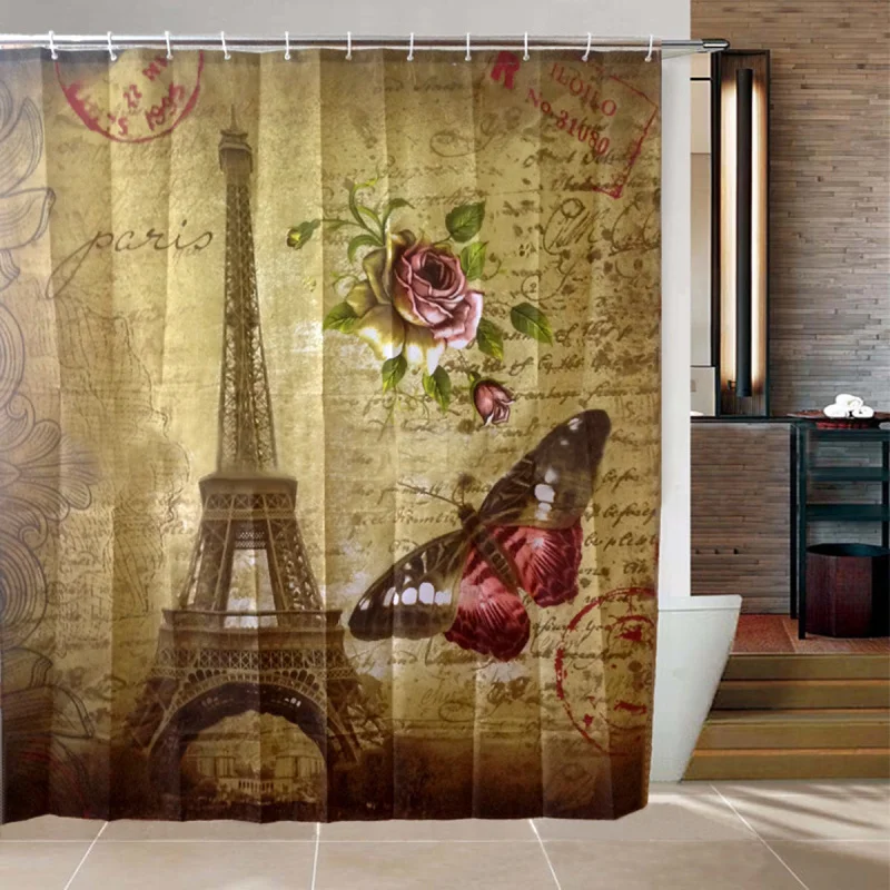 Vintage Paris Eiffel Tower Waterproof Polyester Bath Shower Curtain With 12 Hooks 180x180cm Home
