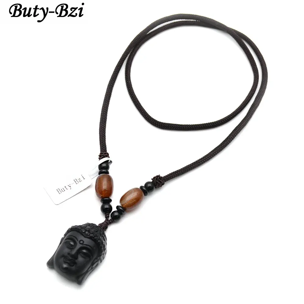 Natural Black Obsidian Carved Buddha Head Rope Chains Necklace Fashion